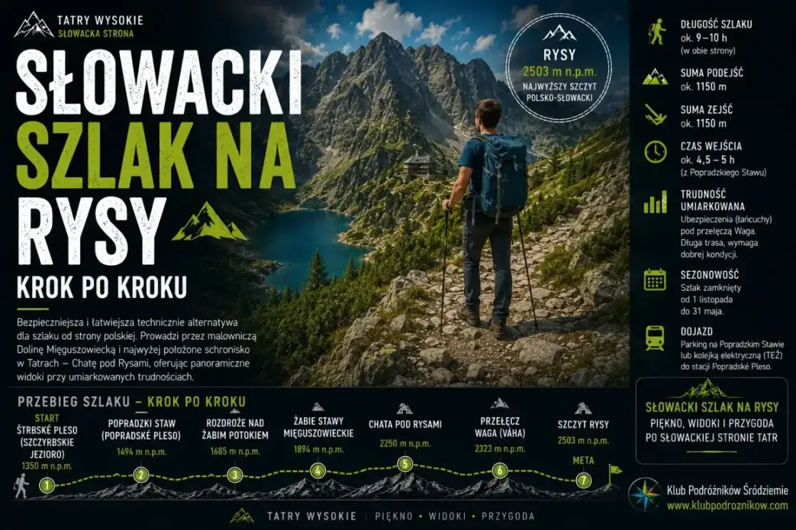 Turysta z plecakiem wchodzi na Słowacki szlak na Rysy, podziwiając widok na jezioro i góry.