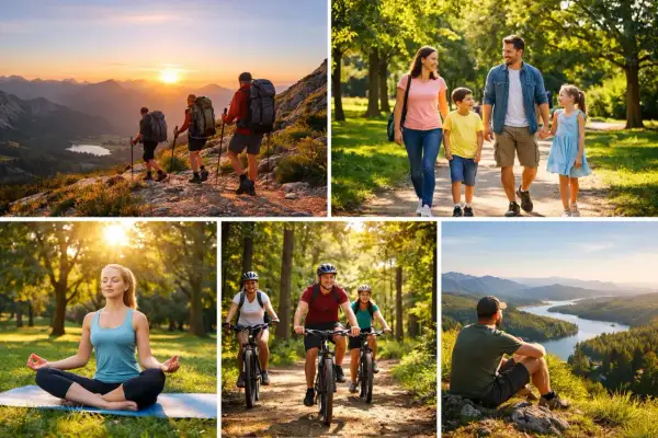 Outdoor to aktywność na świeżym powietrzu: wędrówki po górach, spacery z rodziną, joga w parku, jazda na rowerze i podziwianie widoków.