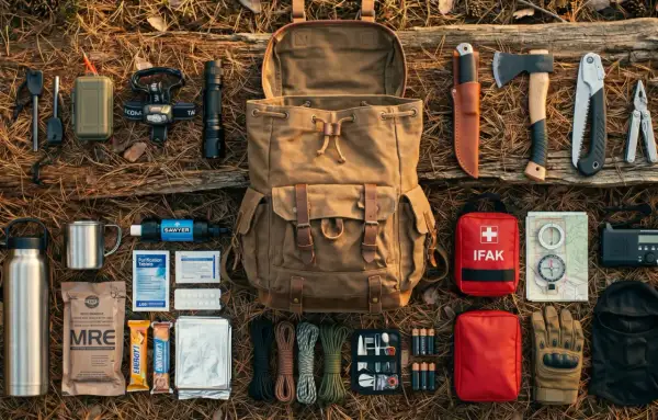 Plecak i ekwipunek survivalowy: nóż, siekiera, latarka, filtr wody, MRE, apteczka IFAK, kompas, mapa, baterie. To wyposażenie preppersów, którzy wiedzą, kto to jest i jak się przygotować.