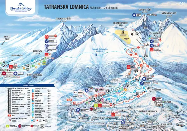 Mapa Tatranskej Lomnice zobrazená v zime, s vyznačenými **stoki, Słowacja**, lanovkami a vrcholmi ako Lomnický štít.