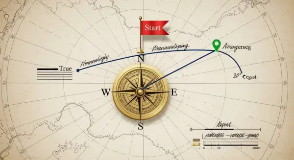 Ilustracja pokazuje, jak korzystać z kompasu, wyznaczając trasę od "Start" do "Norngerseg" przez "Nonnnelighy".