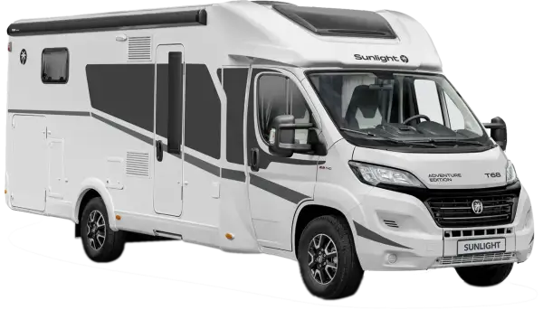Biały kamper Sunlight T68 Adventure Edition, idealny kamper na 5 osób, gotowy na przygodę.